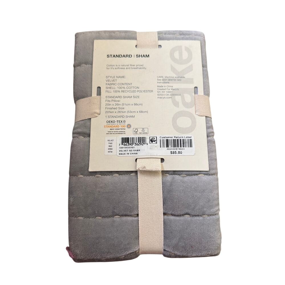 New Oake cotton gray velvet standard sham - Picture 2 of 2
